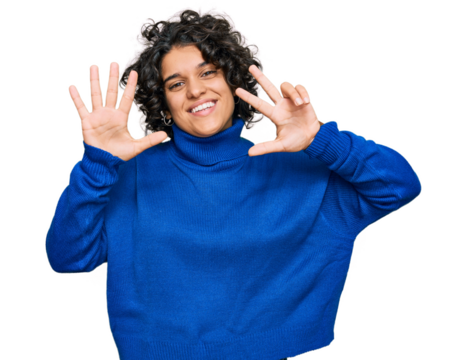 Young hispanic woman with curly hair wearing turtleneck sweater showing and pointing up with fingers number eight while smiling confident and happy.