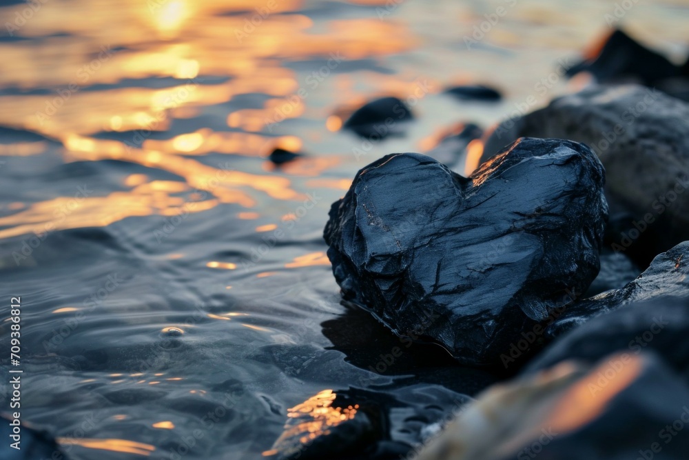 Poster heart-shaped stone in a mountain stream. background with selective focus and copy space