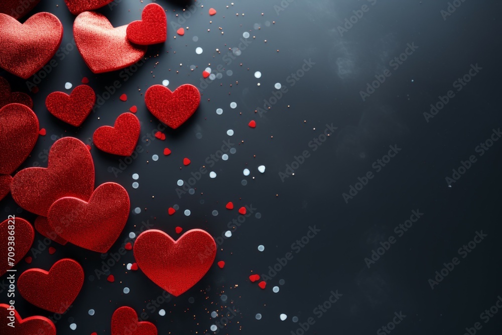 Poster festive card backdrop with hearts. background with selective focus and copy space