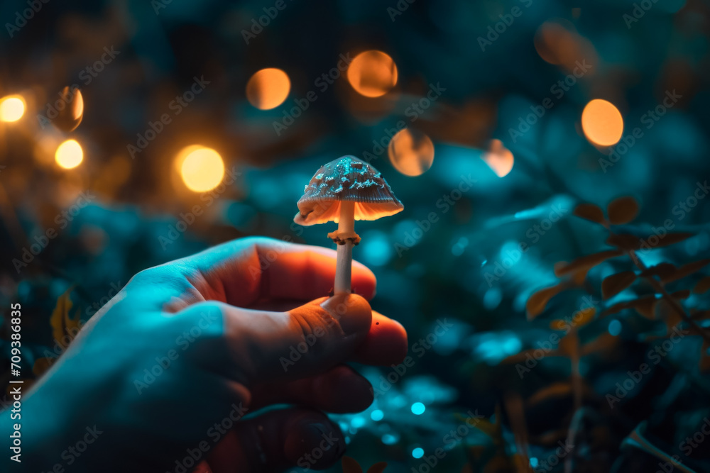 Poster mushroom in hand. background with selective focus and copy space