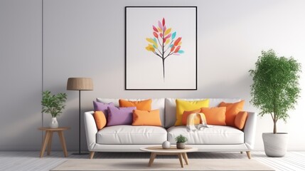 Modern minimalist room interior, comfortable white sofa chair in the family room, interior decoration of potted plants and photo frames on the white wall, gray carpet and on the clean floor.