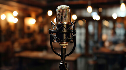 1950's professional microphone in recording studio,
 Vintage style microphone and tools for record in room. - obrazy, fototapety, plakaty