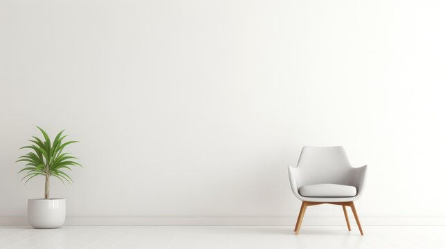 Minimalist sofa chair, inside a minimalist modern Scandinavian house interior, with white wall background and interior potted plant decoration.
