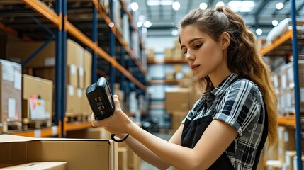 Female seller worker online store holding scanner scanning parcel barcode tag packing ecommerce post shipping box