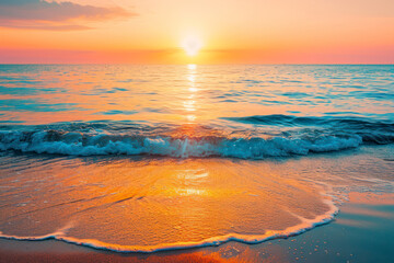 Obraz premium An image of a vibrant sunset over a serene lake, with colorful reflections shimmering on the water