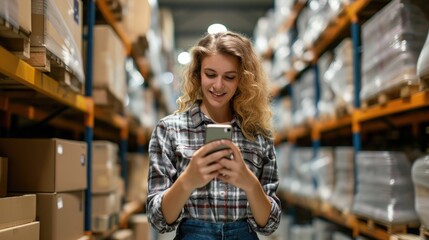 Online store owner reading a text message on her cellphone. Happy businesswoman making plans