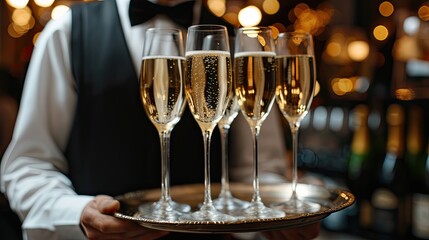 Waiter serving champagne on a tray