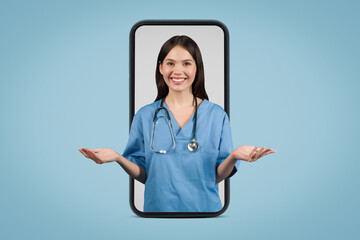 Nurse in blue for online consult on phone screen