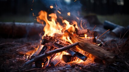 Burn flame campfire at outdoor campsite at night, recreation with adventure in the wild in summer.