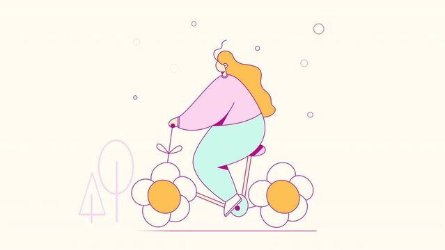 Trendy colorful cartoon animation loop. A woman is riding a bicycle with flowers wheels on the street in the park.Spring or summer mood concept.Happy bright trip,simple trendy motion design.