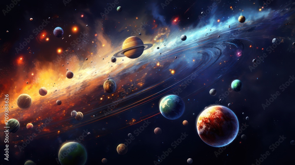 Wall mural illustration of the solar system, planetary orbits in the milky way galaxy. planet saturn jupiter. n