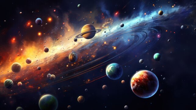 Illustration of the solar system, planetary orbits in the milky way galaxy. Planet Saturn Jupiter. Nebula cloud background wallpaper.
