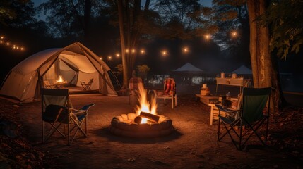 Burn flame campfire at outdoor campsite at night, recreation with adventure in the wild in summer.