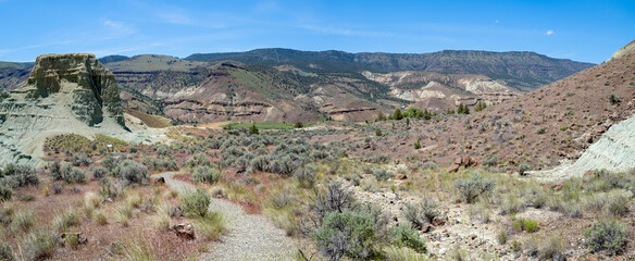Panorama of a hiking trail through the clay formations at the Sheep Rock Unit of the John Day Fossil Beds in Oregon, USA