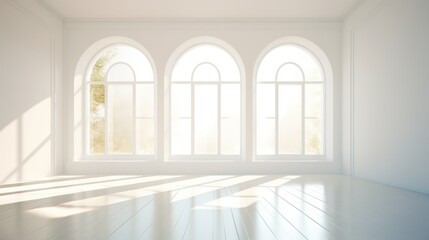 White room interior, classic European luxury house, with a burst of sunlight from large glass windows, with shiny white marble floors.