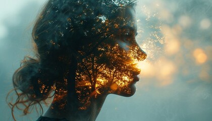 A beautiful photo with a double exposure, where a photo of a girl is superimposed on an image of wildlife - obrazy, fototapety, plakaty