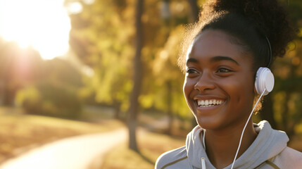 Close up happy candid young black african american female teenager running jogging outdoors in nature  - obrazy, fototapety, plakaty