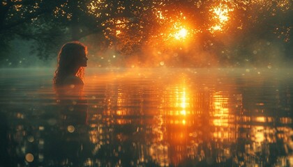 A beautiful girl walks into a forest lake in the rays of the rising sun
