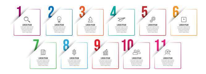 business infographic 11 parts or steps, there are icons, text, numbers. Can be used for presentation banners, workflow layouts, process diagrams, flow charts, infographics, your business presentations - obrazy, fototapety, plakaty