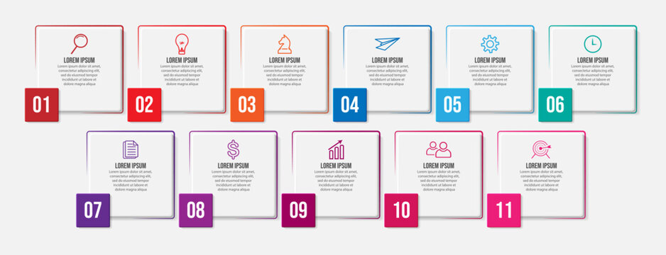business infographic 11 parts or steps, there are icons, text, numbers. Can be used for presentation banners, workflow layouts, process diagrams, flow charts, infographics, your business presentations