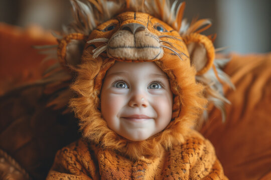A small child dressed in a furry peach-colored lion costume indoors during carnival or Halloween.