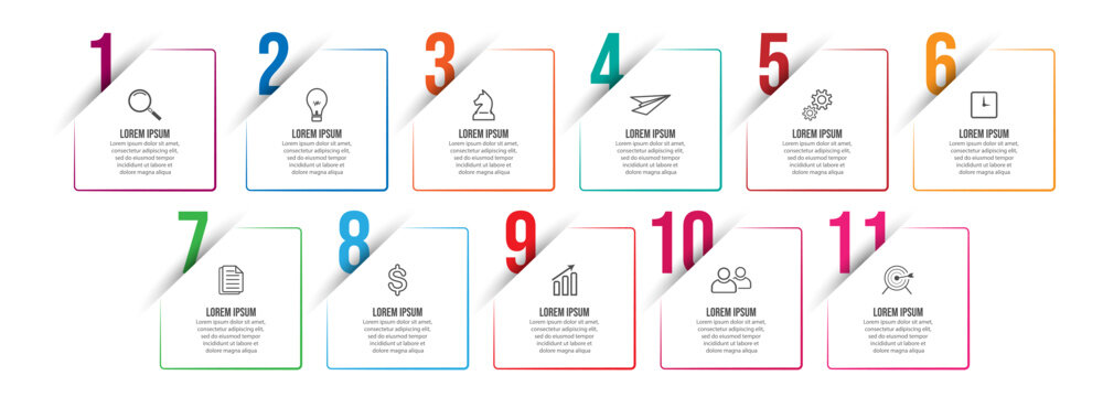 business infographic 11 parts or steps, there are icons, text, numbers. Can be used for presentation banners, workflow layouts, process diagrams, flow charts, infographics, your business presentations