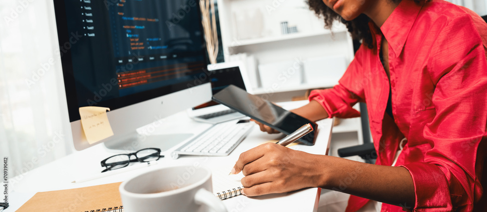 Poster young working african woman creating coding website developer, thinking data information designer at
