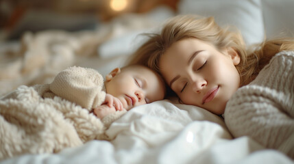 Young mother sleeping with a baby on big bed, day time napping.