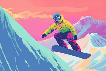 Colourful illustration of snowboarder in bright clothes in the mountains. 