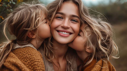 Fototapeta premium Two kids kissing mom on cheeks. Motherhood joys.