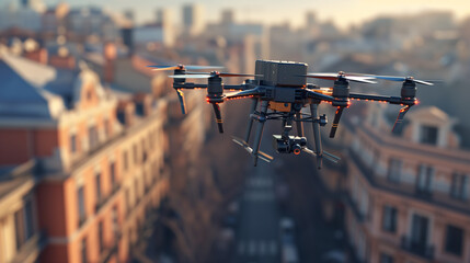 Drone making a small medicine delivery, flying over a city street.