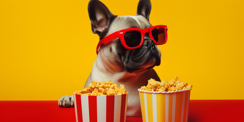 blurry Cinema movie tv watching pug dog isolated A dog wearing in red glasses with two buckets  of popcorn on set a red chair and yellow background.AI Generative