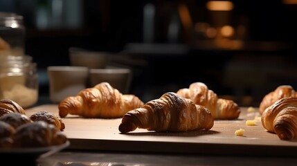 Freshly baked croissants on the table. patisserie s interior in the background, cinematic,...