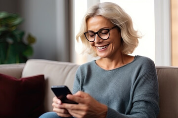 Fototapeta na wymiar Smiling senior woman with glasses using smartphone at home.