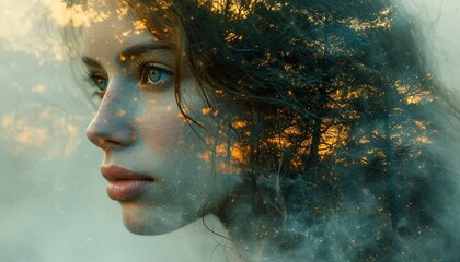 A beautiful photo with a double exposure, where a photo of a girl is superimposed on an image of wildlife - obrazy, fototapety, plakaty