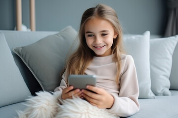 Smiling young girl with tablet sitting on couch with a fluffy white dog, enjoying leisure time at home.