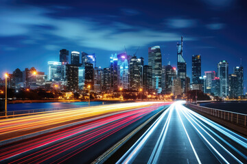 Night cityscape with light trails on highway leading to illuminated modern skyline.