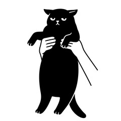 Hands holding up grumpy looking fat cat. Funny cartoon drawing, cute and simple vector illustration. Chubby black cat doodle.