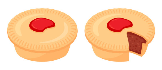 Cartoon Australian meat pie drawing. Traditional pie with beef mince filling, whole and cut. Isolated vector clip art illustration. © sudowoodo