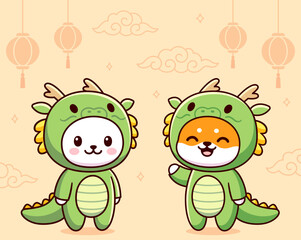 Kawaii cat and dog in green Chinese dragon costumes