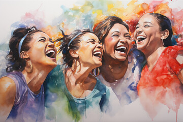 Group of joyful women in a burst of colorful powder, expressing happiness and celebration in a vibrant watercolor painting.