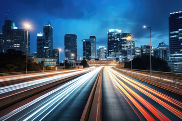 Cityscape with light trails on highway at night, modern urban skyline.