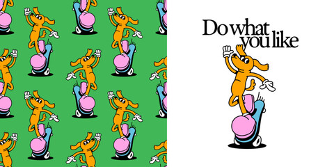 Vintage skater dog cartoon character seamless pattern. Trendy retro skate board animal mascot background. Street sport wallpaper print texture in 90s comic art style. © Dedraw Studio