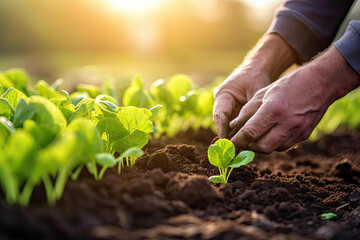 Close-up of hands planting a seedling in fertile soil with sunlight, depicting growth and agriculture.
