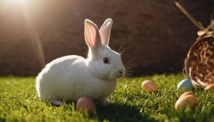 Adorable white bunny with colorful Easter eggs of yellow, pink and white flowers and a basket on a flower meadow. Happy easter