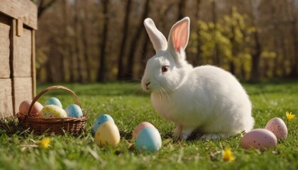 Adorable white bunny with colorful Easter eggs of yellow, pink and white flowers and a basket on a flower meadow. Happy easter