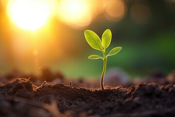 Young plant sprouting from soil with sunrise in background, symbolizing new life and growth.