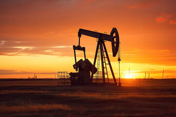 Oil pump jack silhouette against a vibrant sunset sky, symbolizing energy industry.