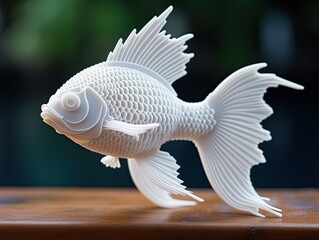 White 3d printed plastic filament fish figurine on a wooden table with black background, studio shot - obrazy, fototapety, plakaty