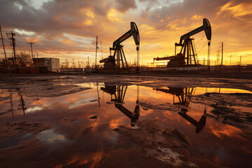 Naklejka premium Oil pumps and drilling rigs at sunset with reflections in water, industrial landscape.